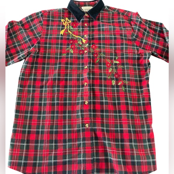 Vintage 90s Casey & Max Plaid Christmas Button Up Shirt Velvet Embroidered - Picture 3 of 6